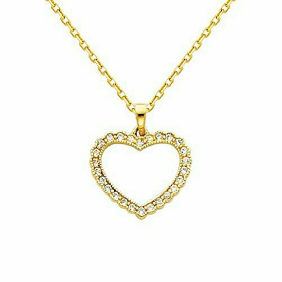 14k Solid yellow Gold Heart CZ Pendant necklace